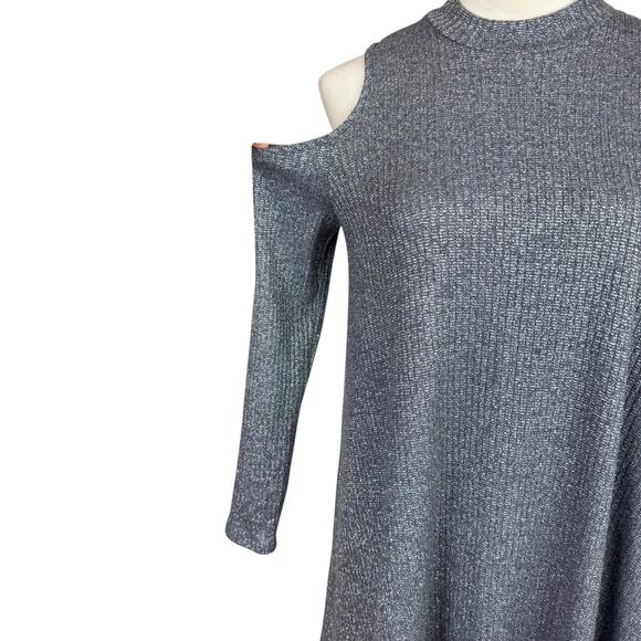 Soprano Gray & Silver Sparkle Cold Shoulder Long Sleeve Knit Swing Dress - Picture 6 of 10